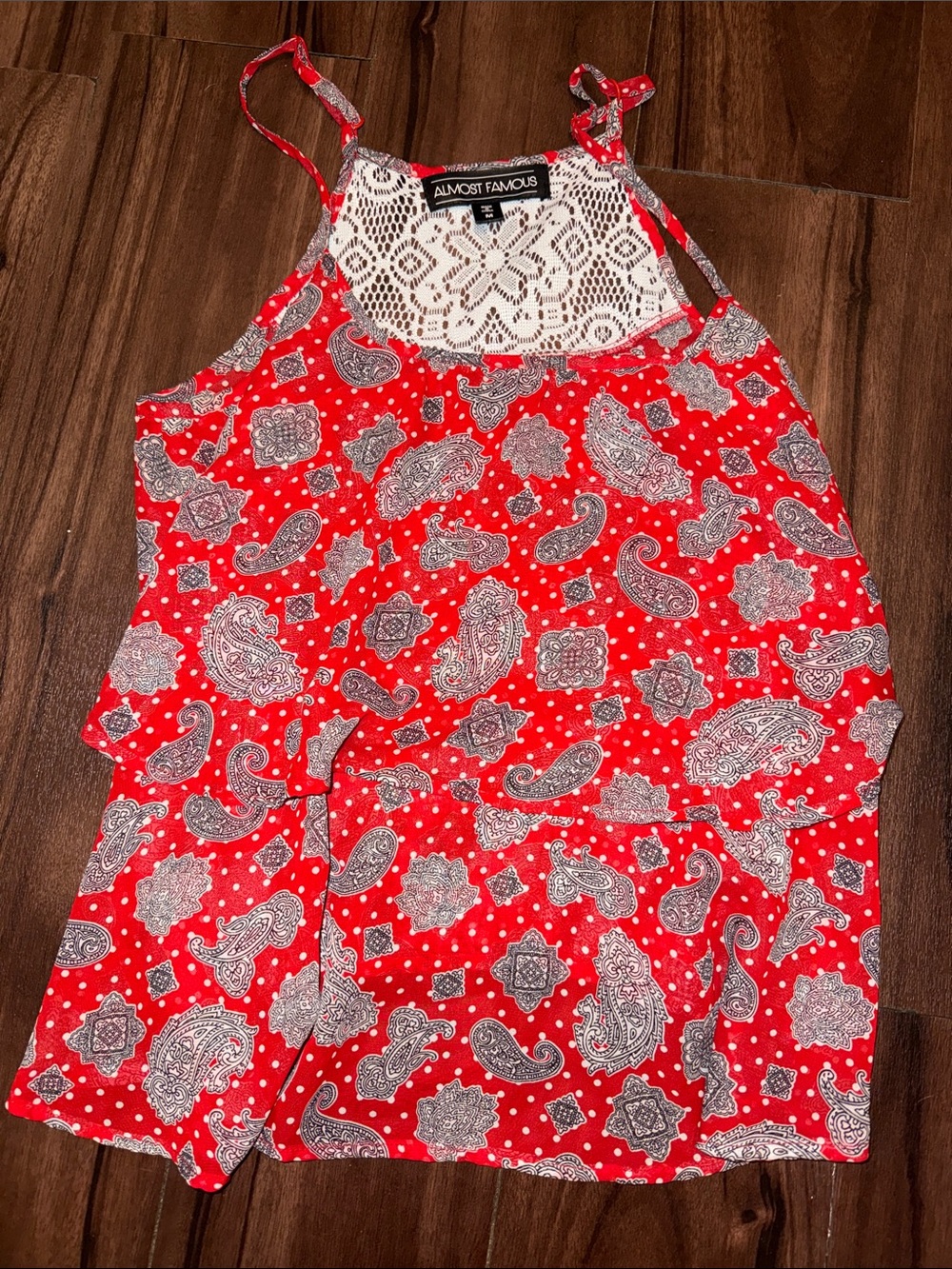 Almost Famous Red Paisley Crochet Yoke Tank Top